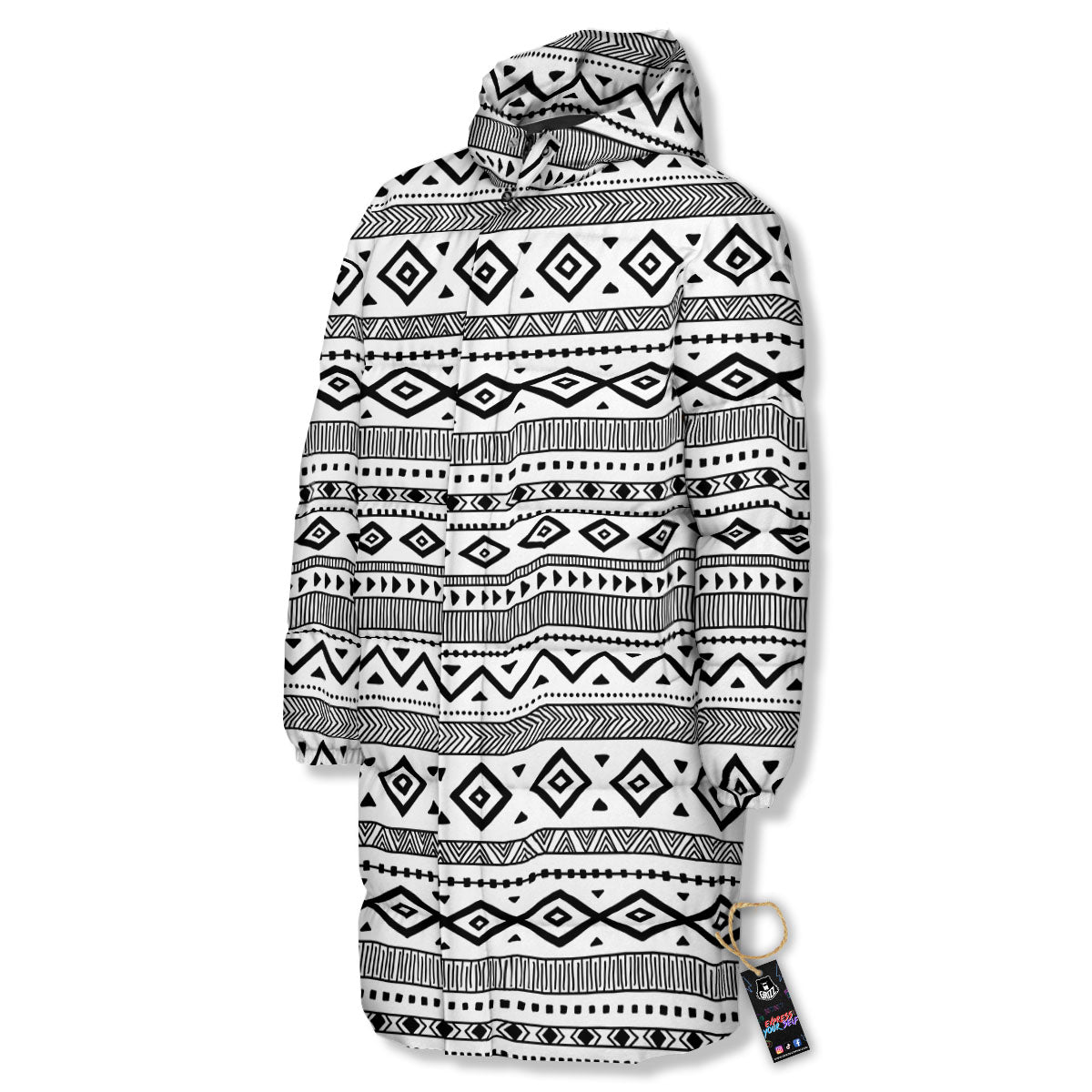Ethnic White And Black Print Pattern Long Down Jacket-grizzshop