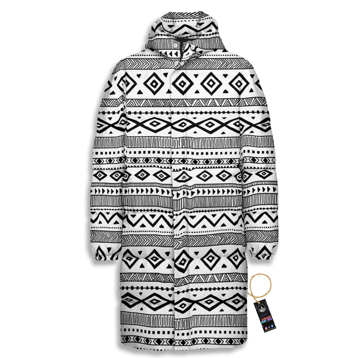 Ethnic White And Black Print Pattern Long Down Jacket-grizzshop