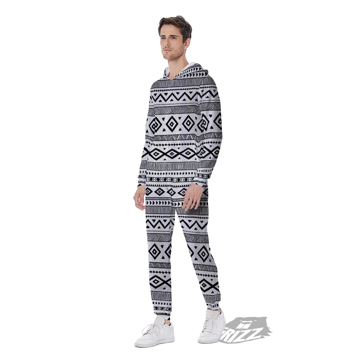 Ethnic White And Black Print Pattern Men's Jumpsuit-grizzshop