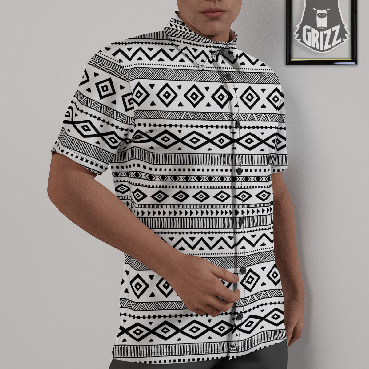 Ethnic White And Black Print Pattern Untucked Shirts-grizzshop