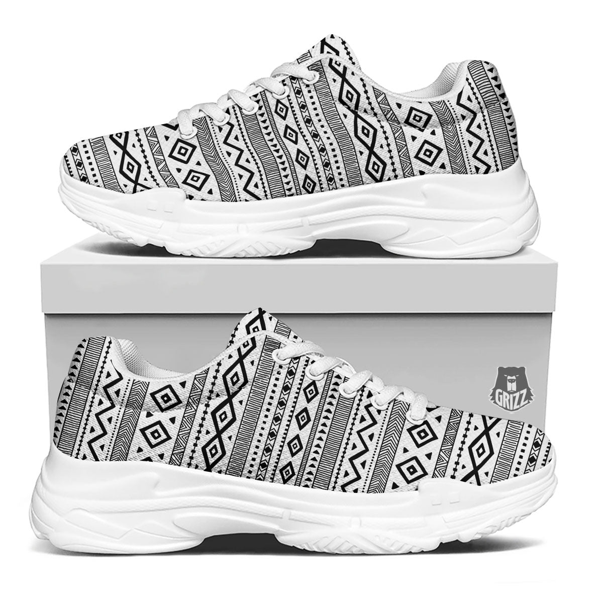 Ethnic White And Black Print Pattern White Chunky Shoes-grizzshop