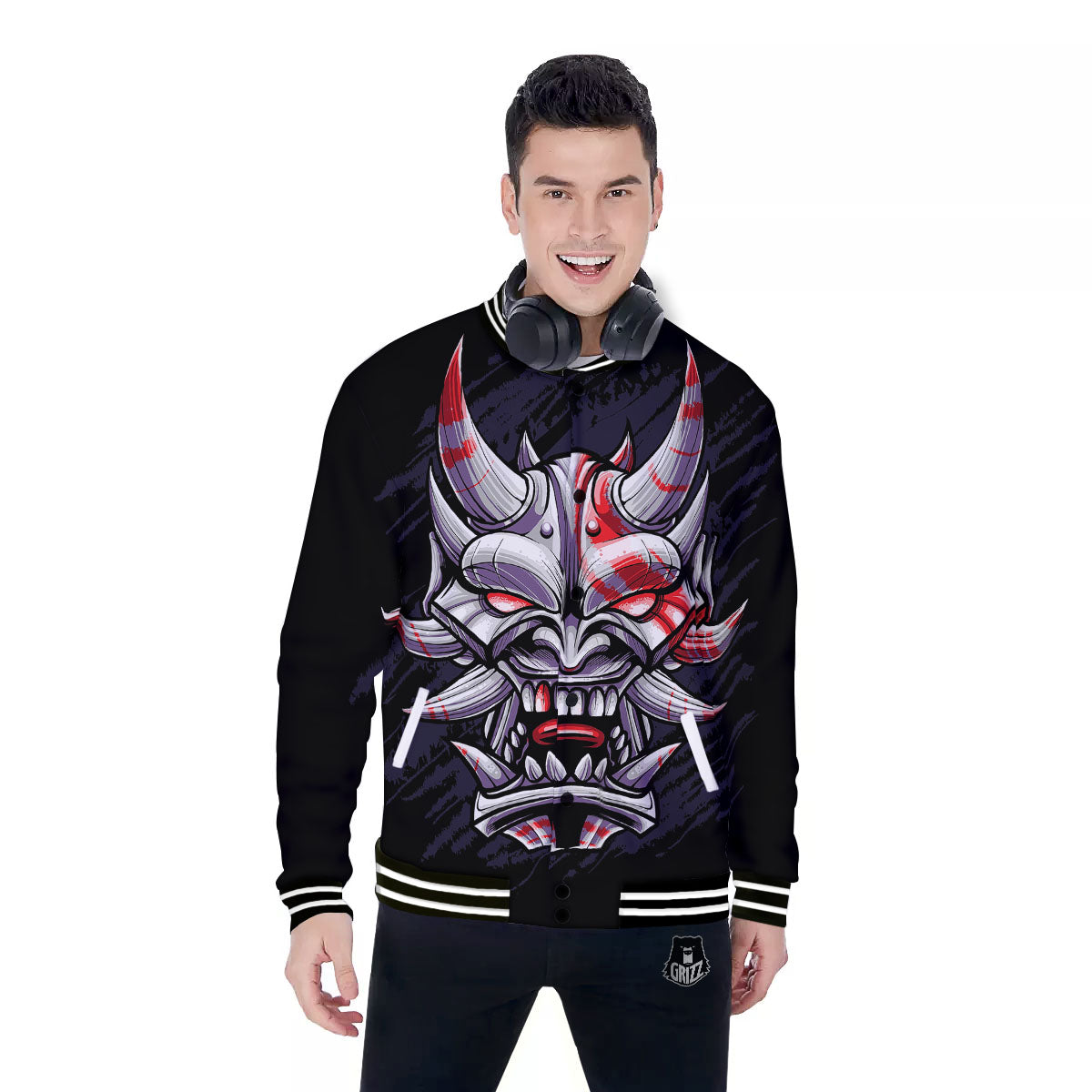 Evil Samurai Mask Print Baseball Jacket-grizzshop