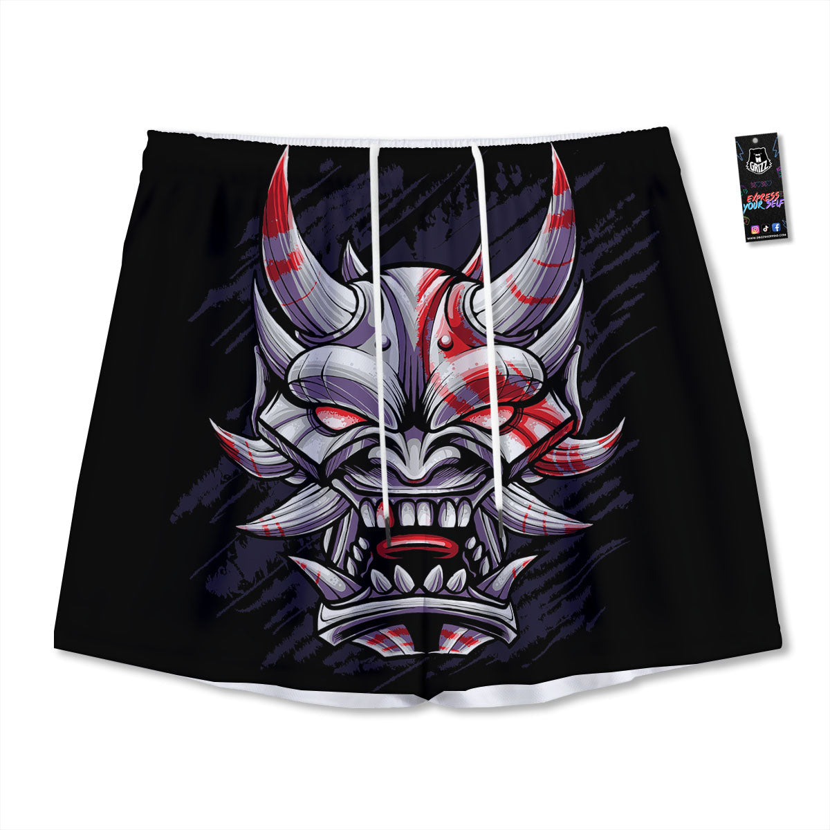 Evil Samurai Mask Print Mesh Shorts