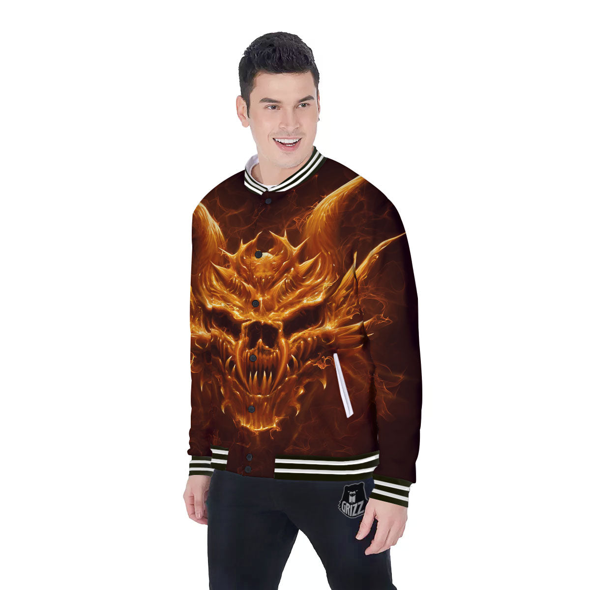 Evil Skull Flaming Print Baseball Jacket-grizzshop