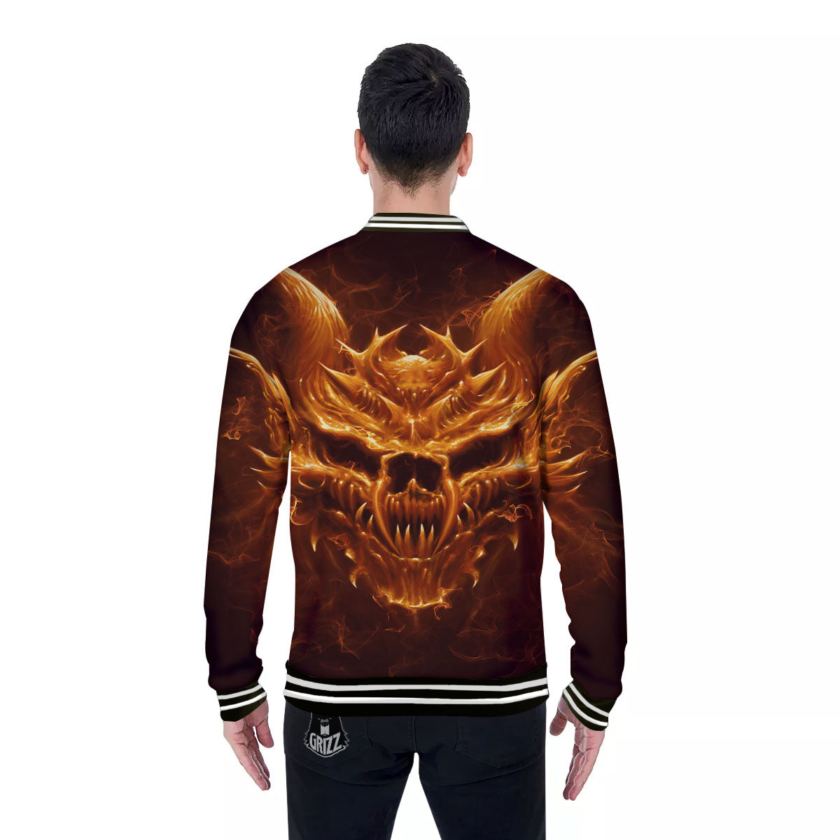 Evil Skull Flaming Print Baseball Jacket-grizzshop