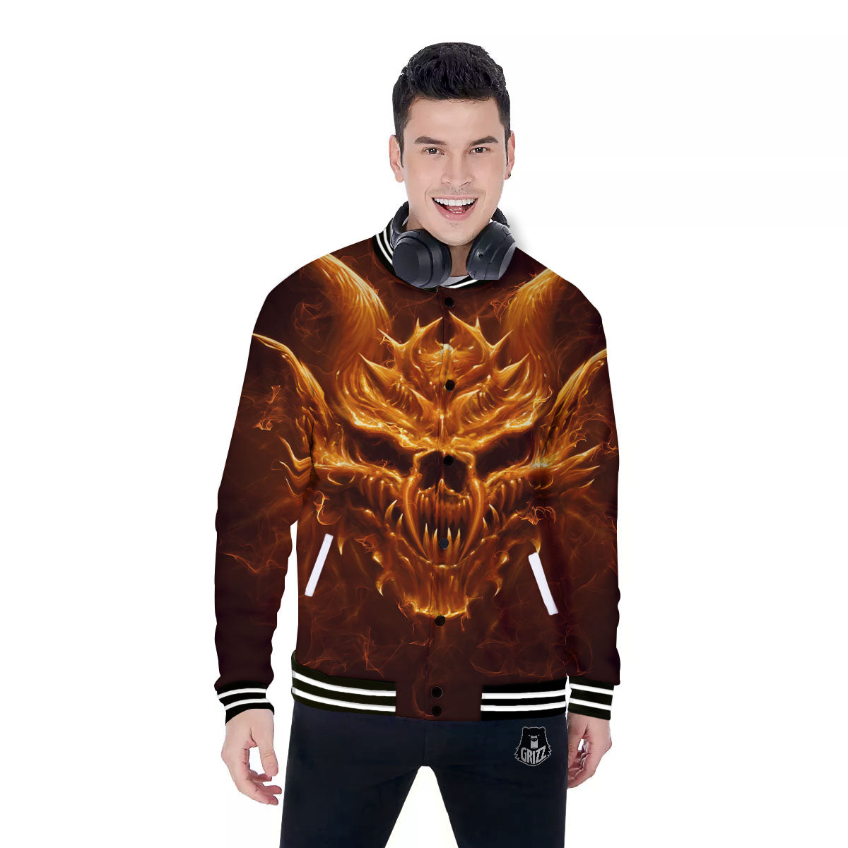 Evil Skull Flaming Print Baseball Jacket-grizzshop