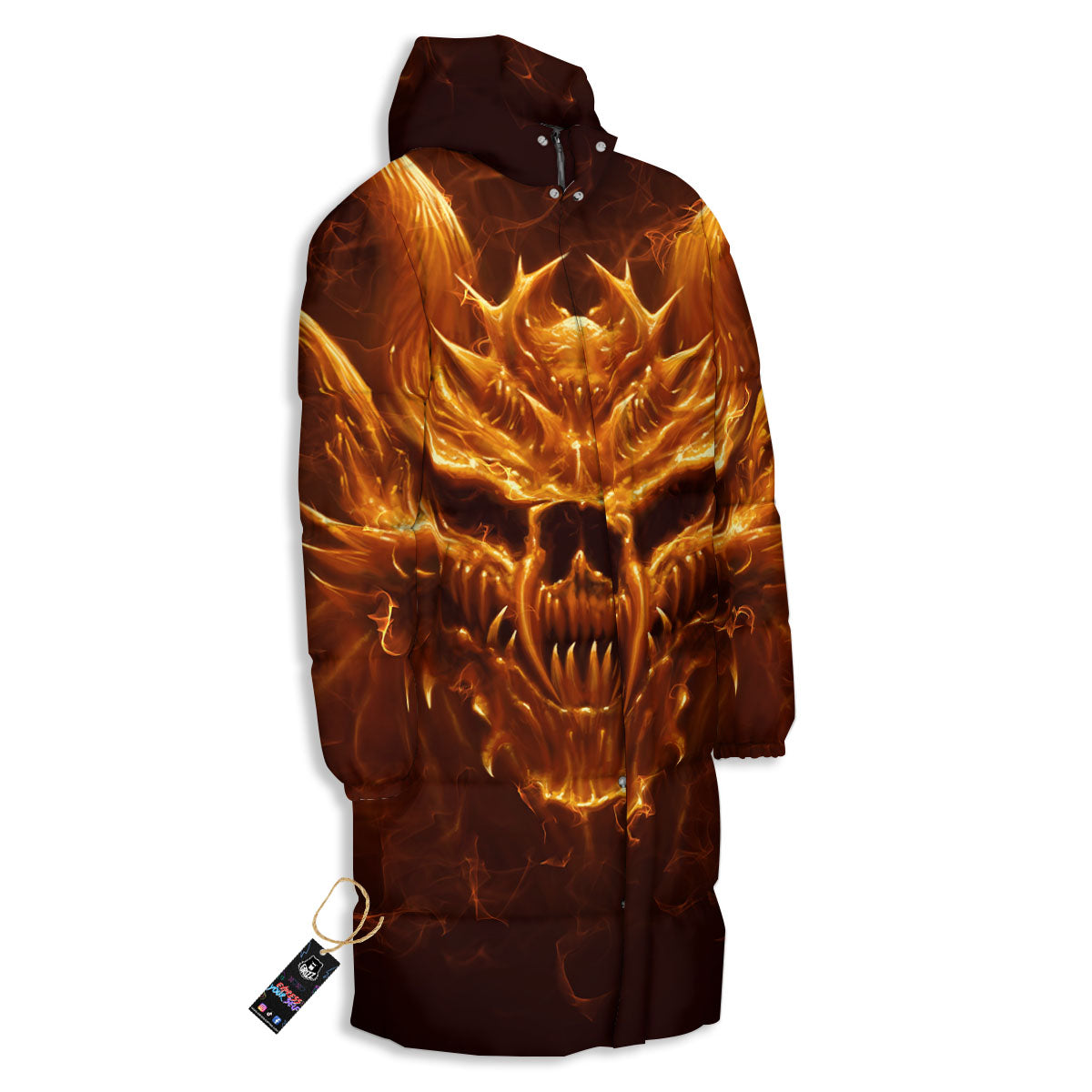 Evil Skull Flaming Print Long Down Jacket-grizzshop