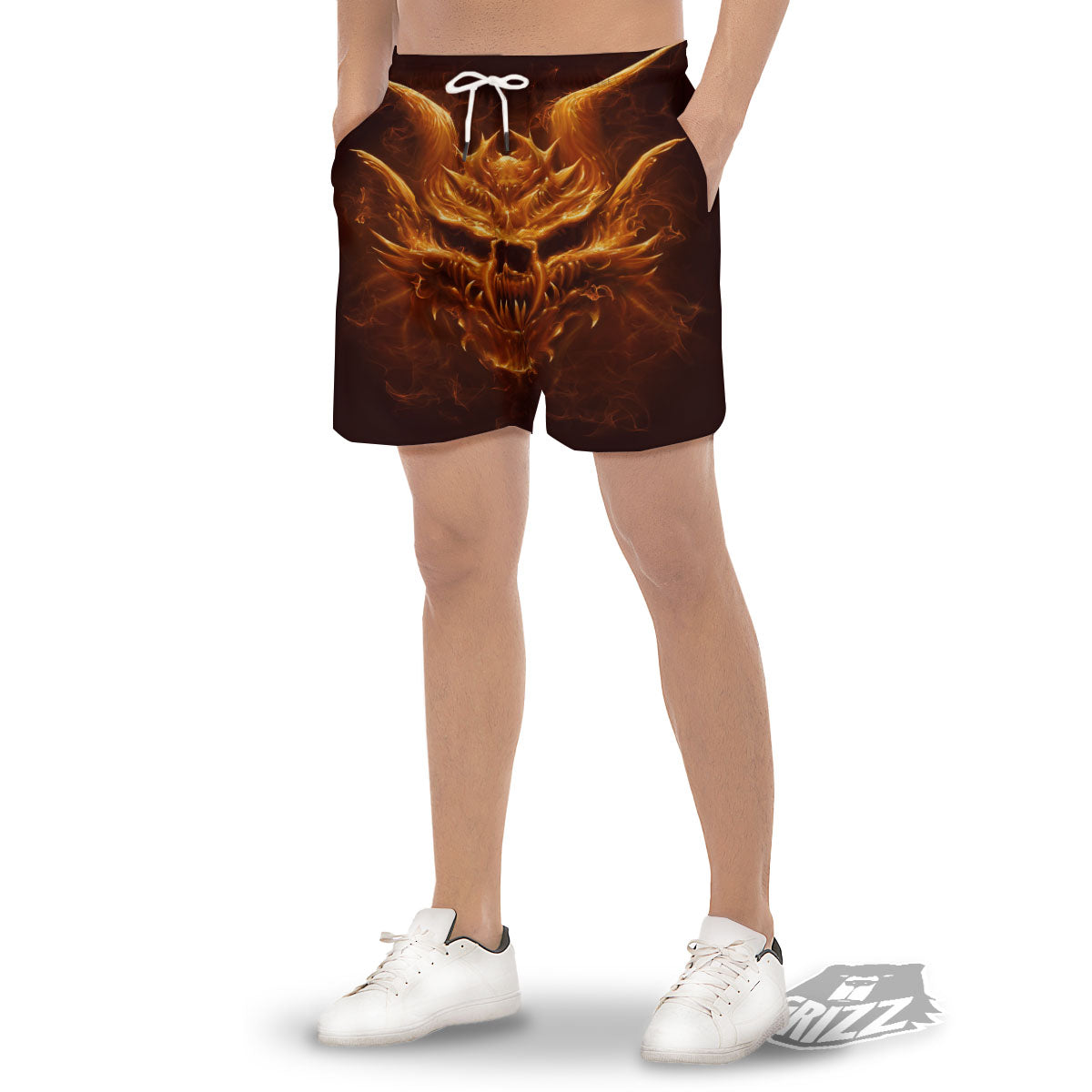 Evil Skull Flaming Print Men's Gym Shorts-grizzshop