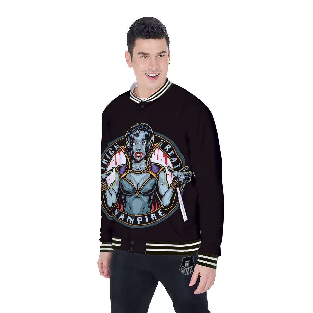 Evil Vampire Halloween Print Baseball Jacket-grizzshop