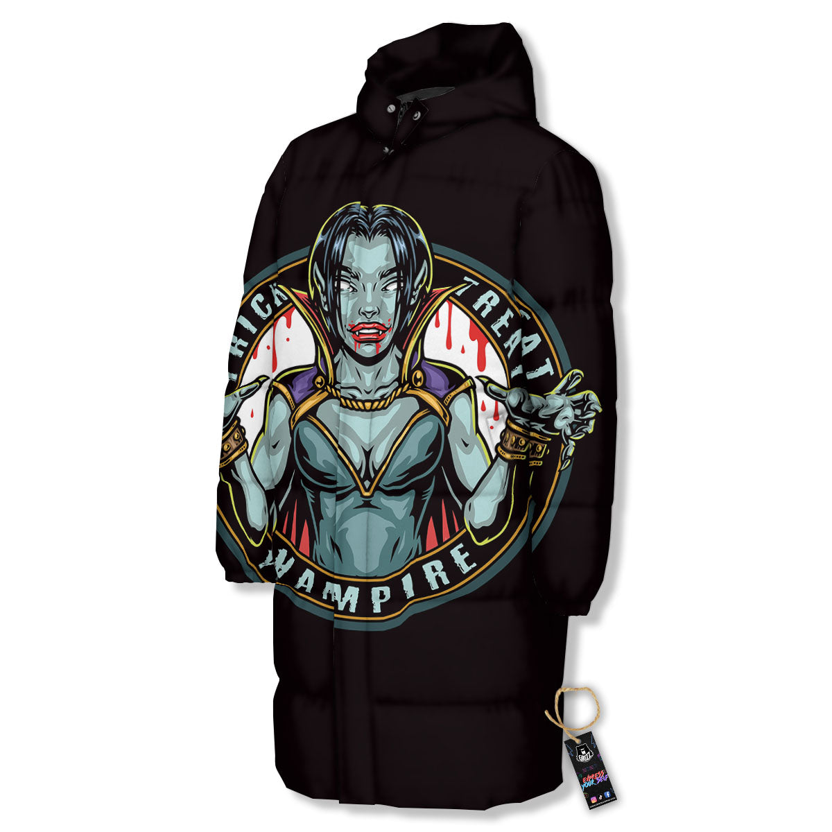 Evil Vampire Halloween Print Long Down Jacket-grizzshop