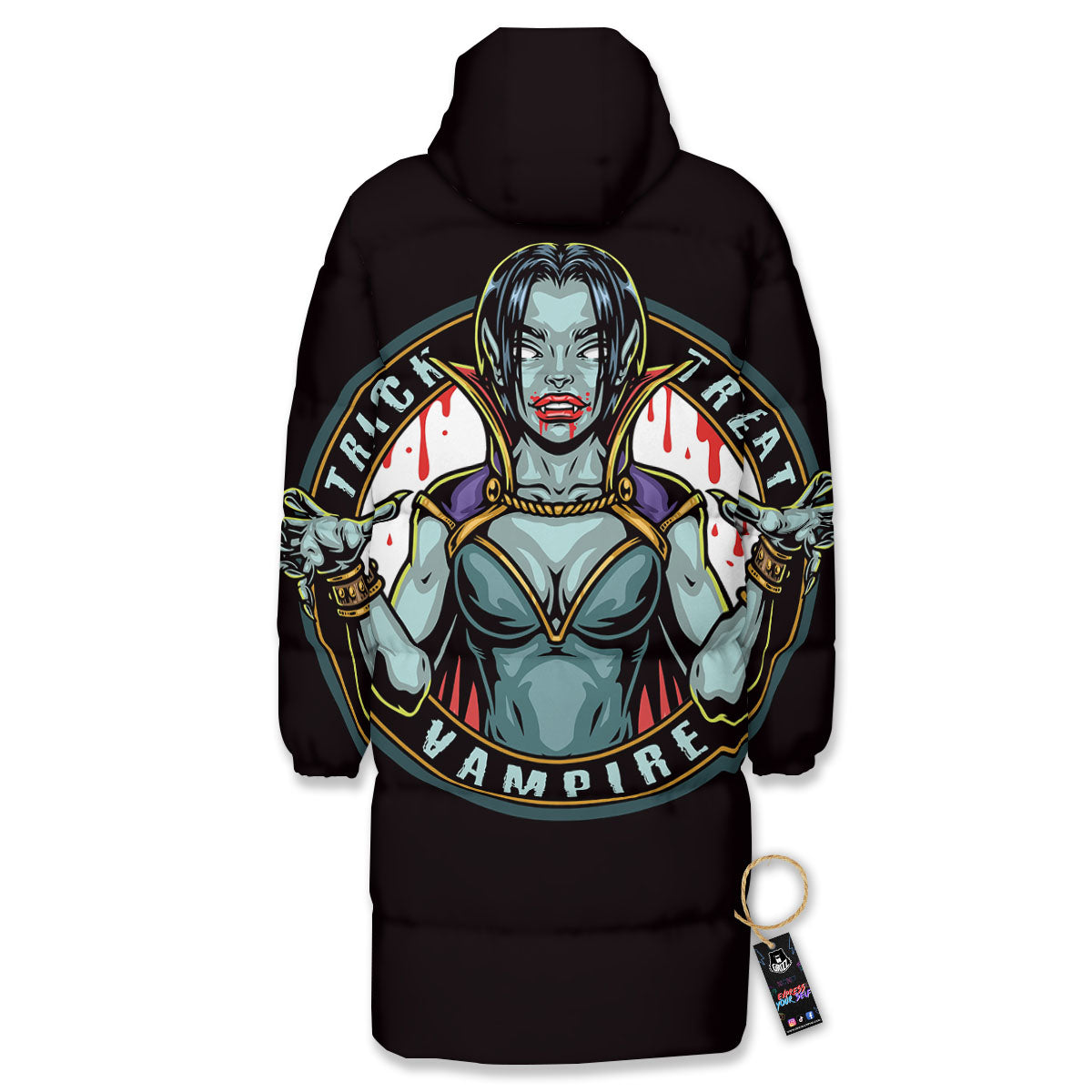 Evil Vampire Halloween Print Long Down Jacket-grizzshop