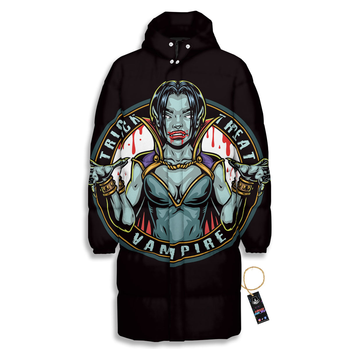 Evil Vampire Halloween Print Long Down Jacket-grizzshop