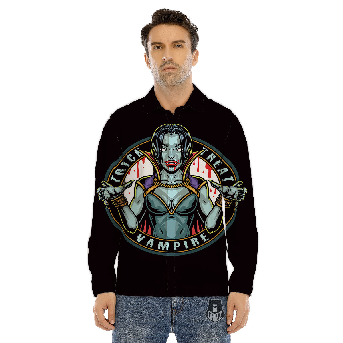 Evil Vampire Halloween Print Men's Dress Shirts-grizzshop