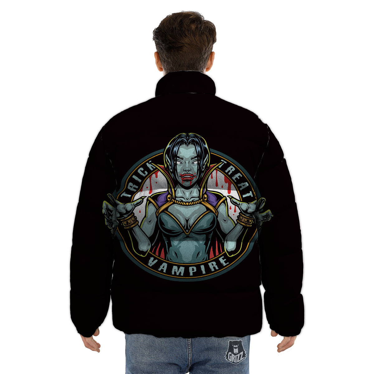 Evil Vampire Halloween Print Puffer Jacket-grizzshop