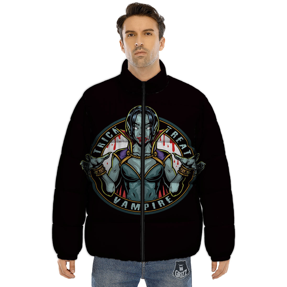 Evil Vampire Halloween Print Puffer Jacket-grizzshop