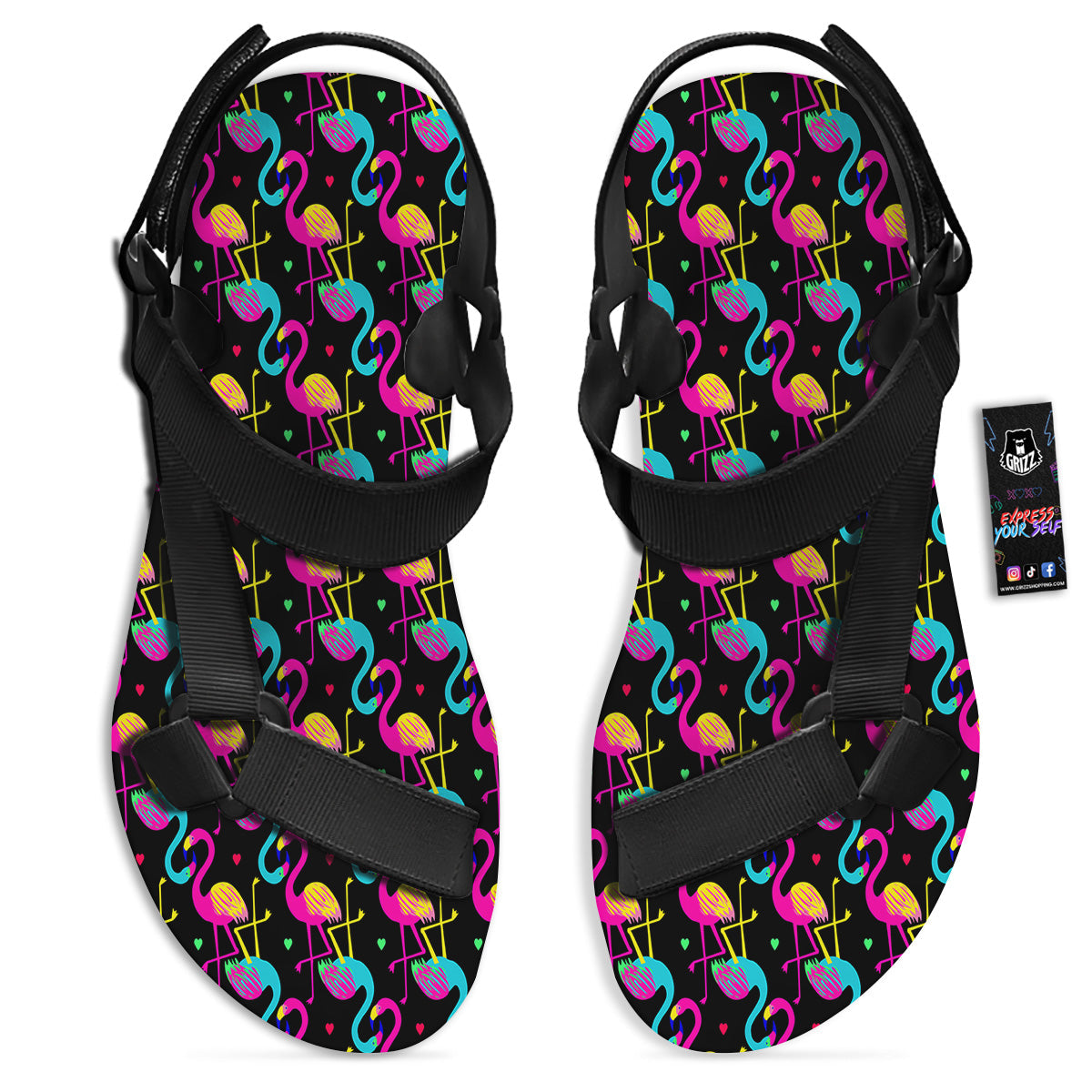 Exotic Hawaiian Flamingo Print Pattern Black Open Toe Sandals-grizzshop