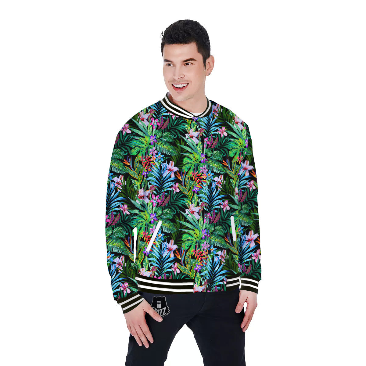 Exotic Hibiscus And Palm Print Pattern Baseball Jacket-grizzshop