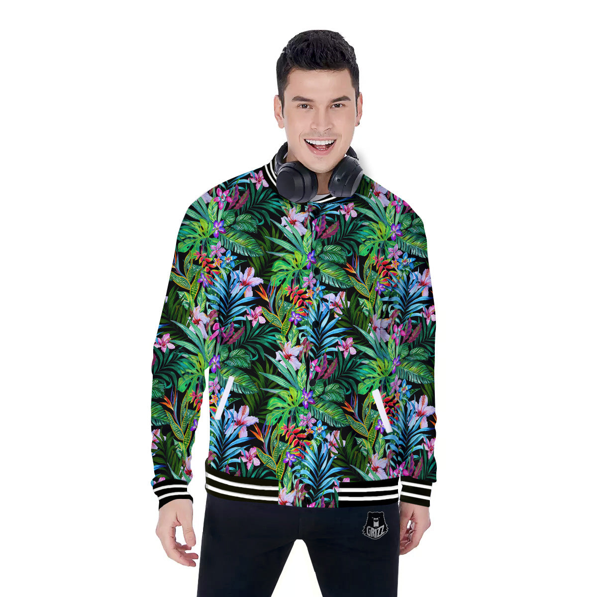 Exotic Hibiscus And Palm Print Pattern Baseball Jacket-grizzshop