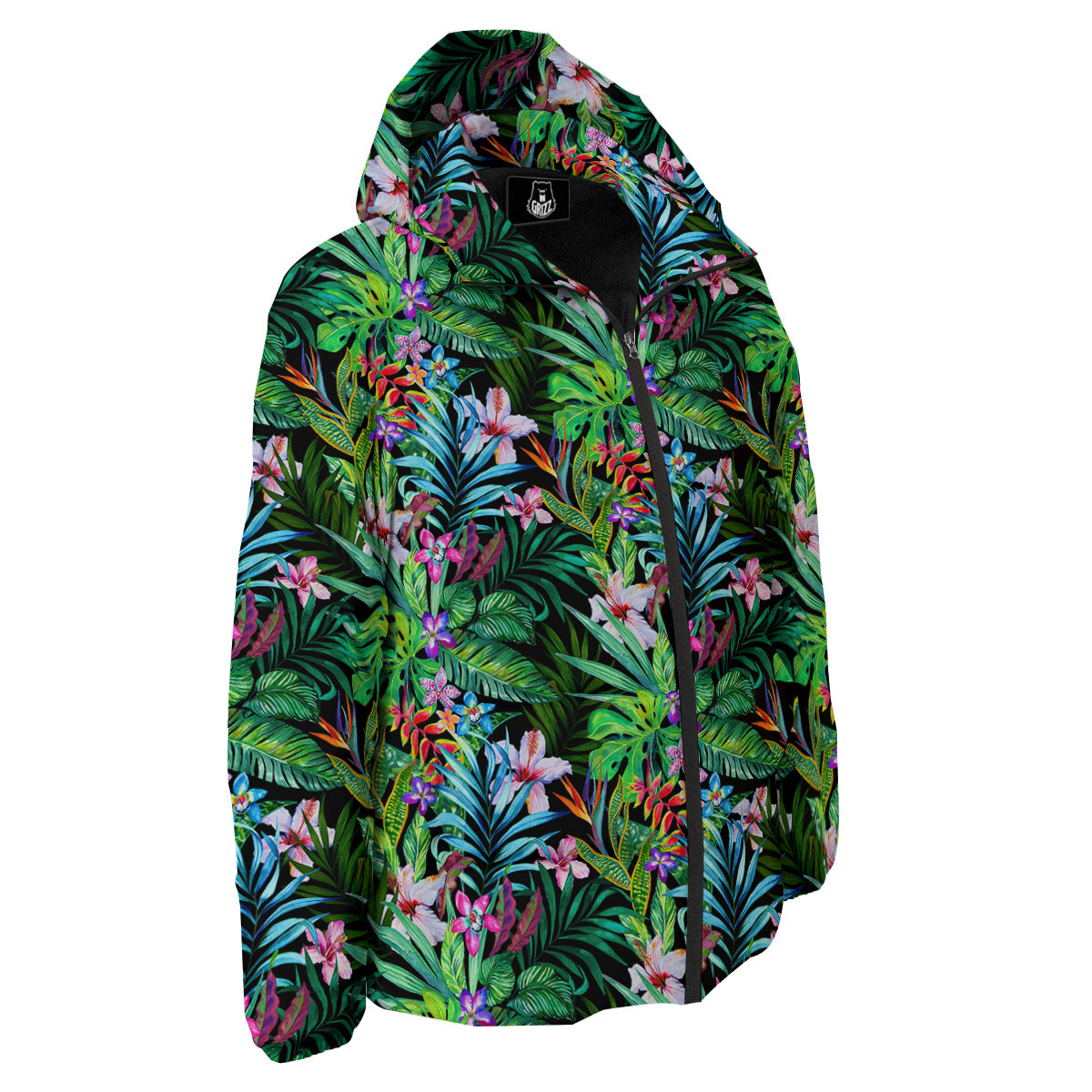 Exotic Hibiscus And Palm Print Pattern Down Jacket-grizzshop