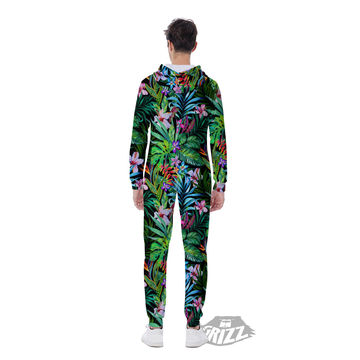 Exotic Hibiscus And Palm Print Pattern Men's Jumpsuit-grizzshop