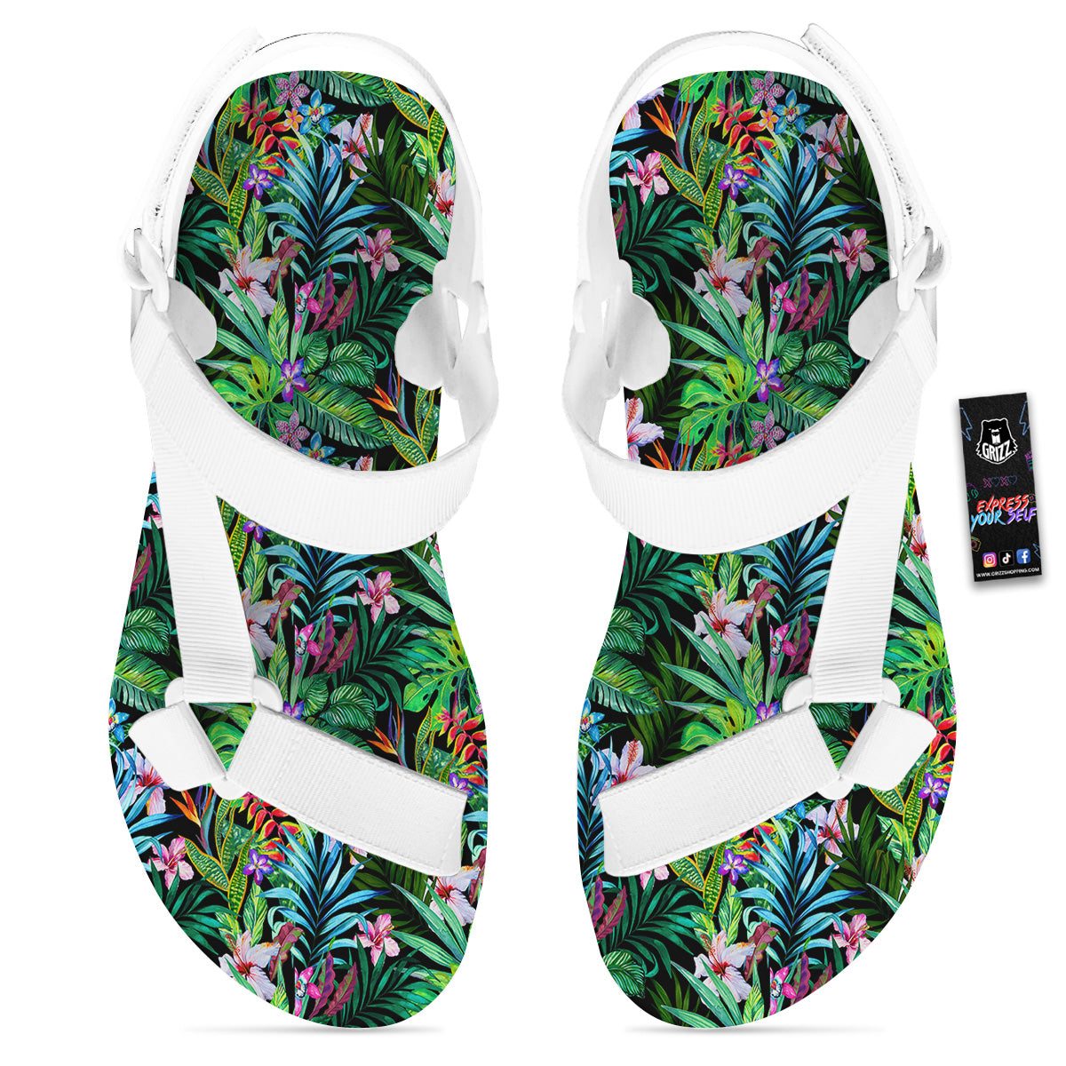 Exotic Hibiscus And Palm Print Pattern White Open Toe Sandals-grizzshop