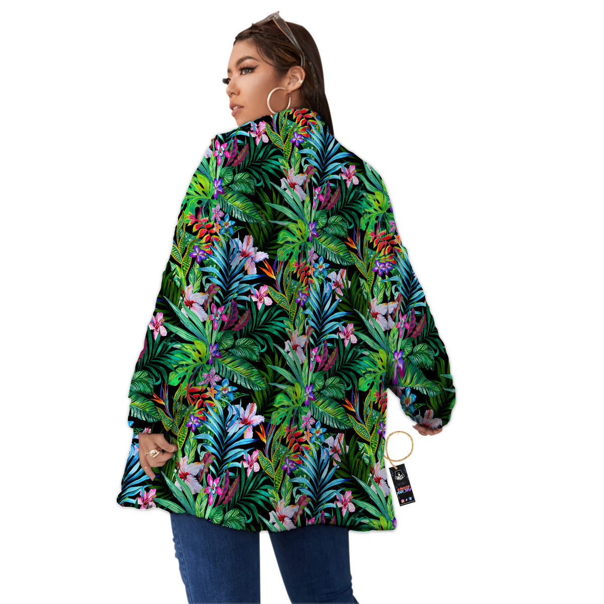 Exotic Hibiscus And Palm Print Pattern Women's Sherpa Jacket-grizzshop
