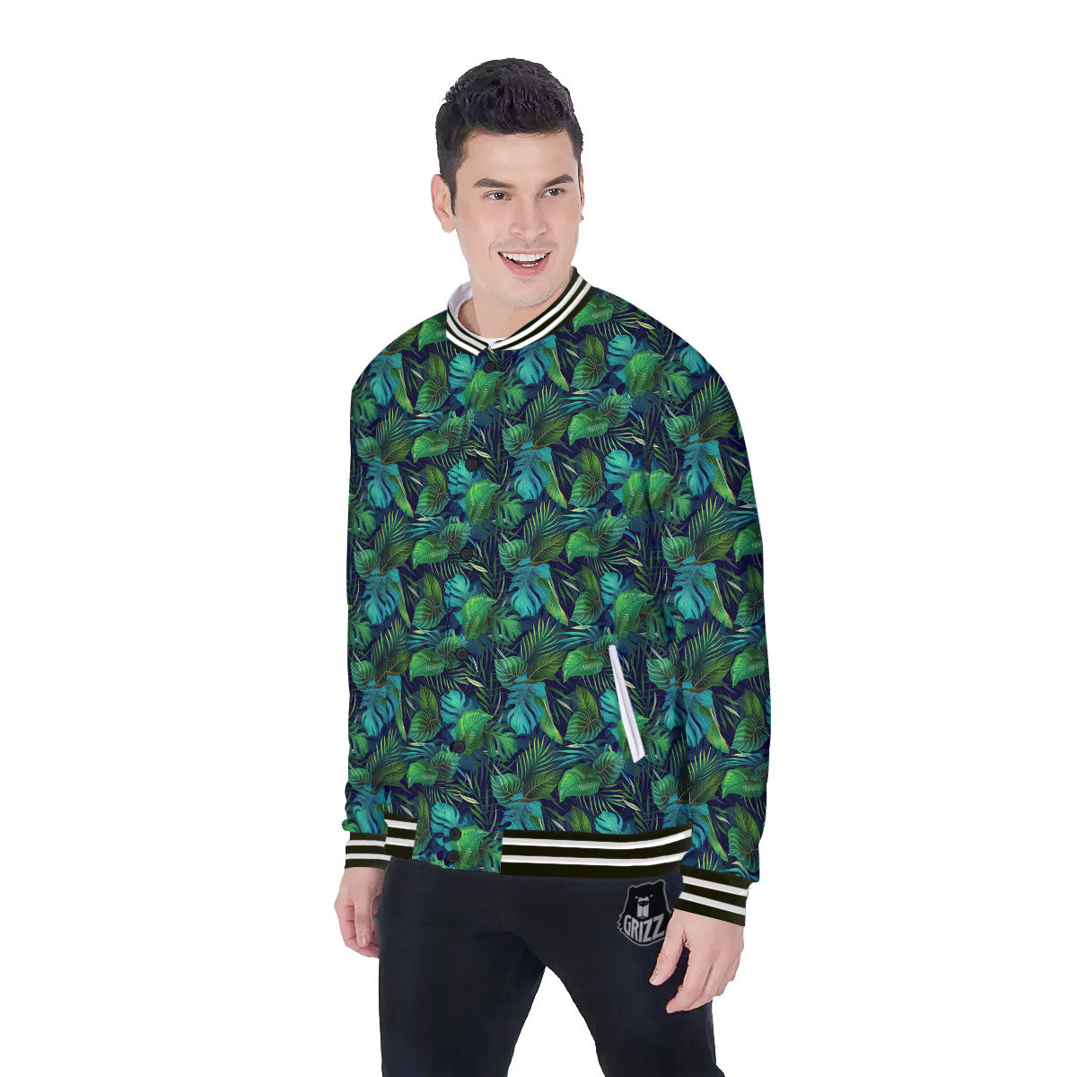Exotic Leaf Tropical Print Pattern Baseball Jacket-grizzshop