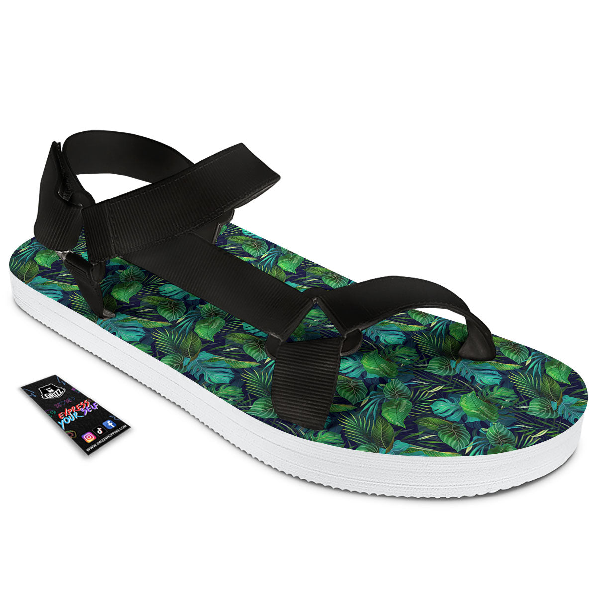 Exotic Leaf Tropical Print Pattern Black Open Toe Sandals-grizzshop