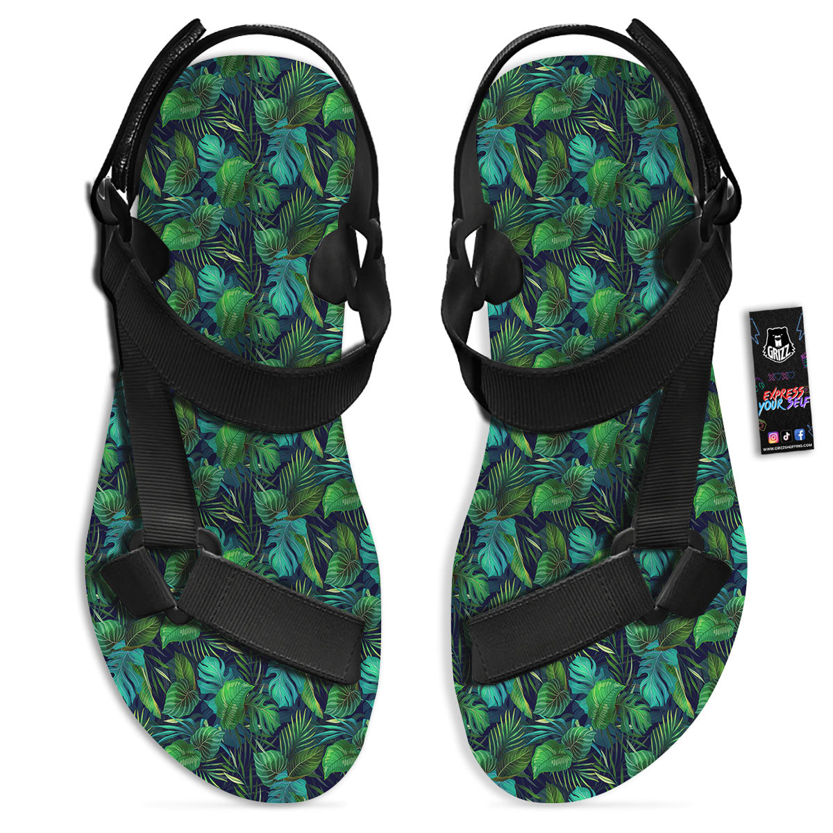 Exotic Leaf Tropical Print Pattern Black Open Toe Sandals-grizzshop