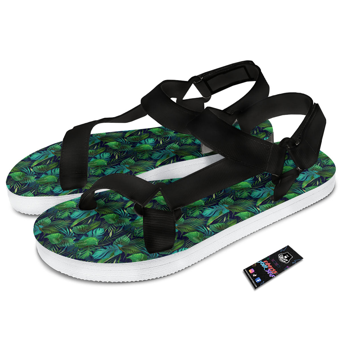 Exotic Leaf Tropical Print Pattern Black Open Toe Sandals-grizzshop