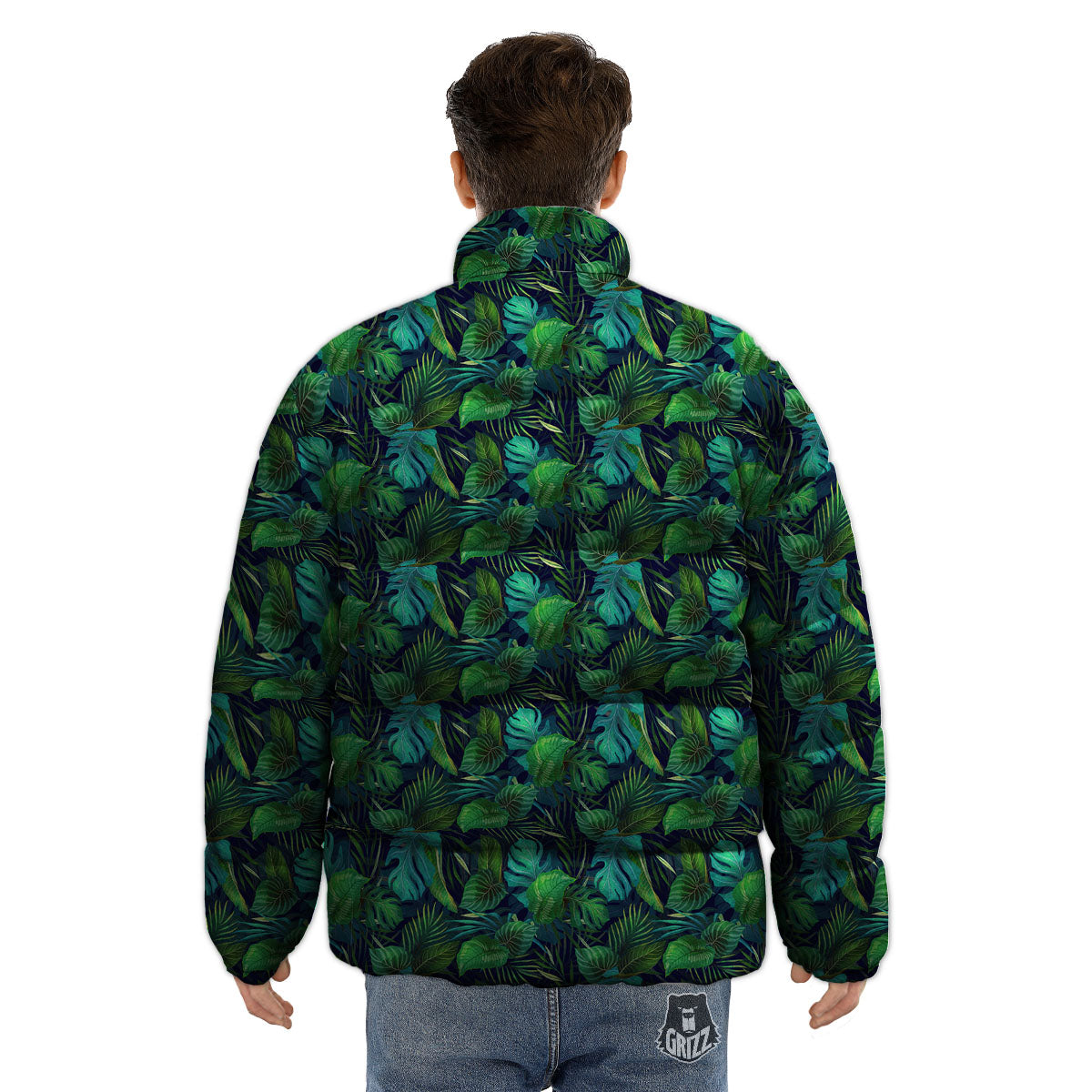 Exotic Leaf Tropical Print Pattern Puffer Jacket-grizzshop