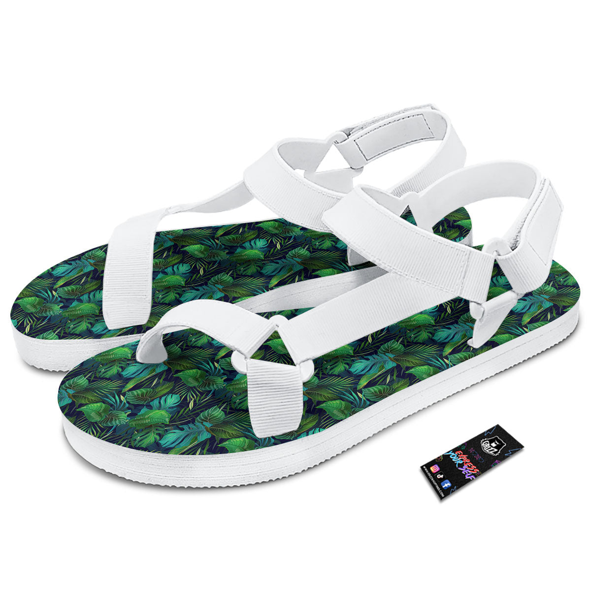 Exotic Leaf Tropical Print Pattern White Open Toe Sandals-grizzshop