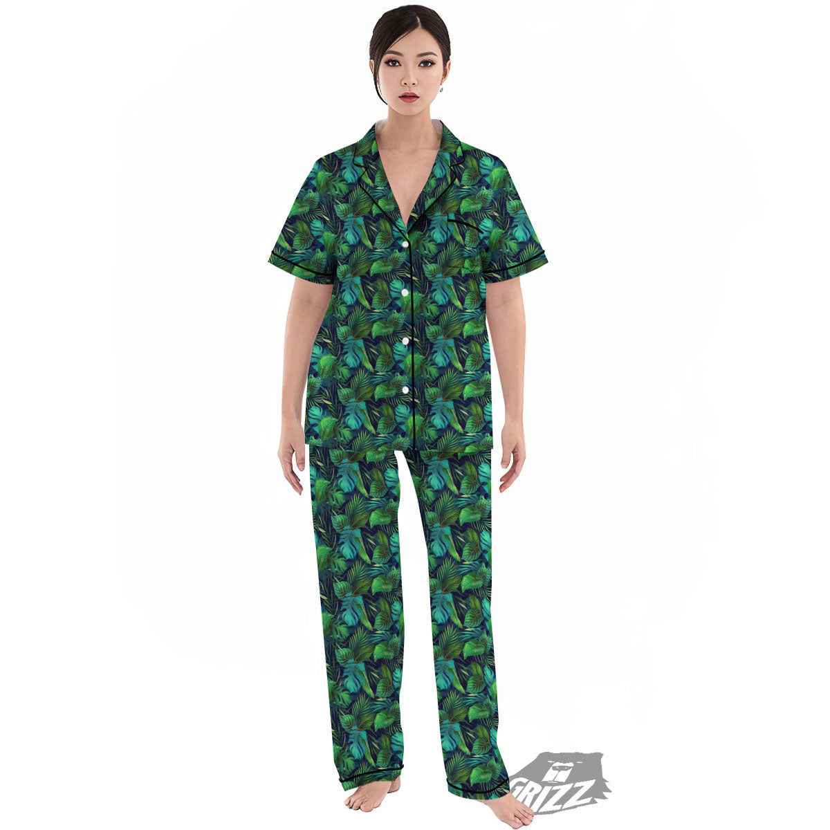 Exotic Leaf Tropical Print Pattern Women's Pajamas Set-grizzshop