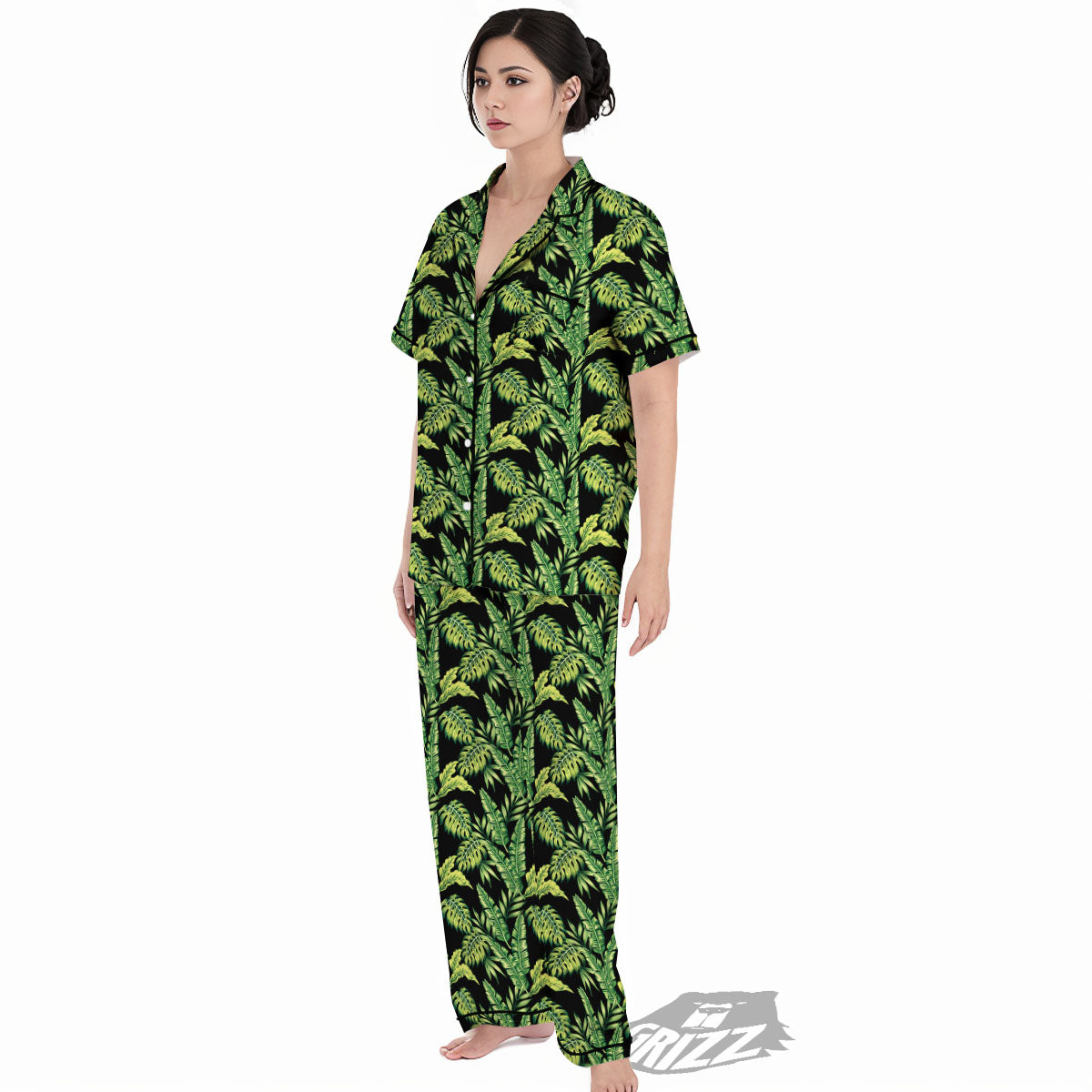 Exotic Leaves Tropical Print Pattern Women's Pajamas Set-grizzshop