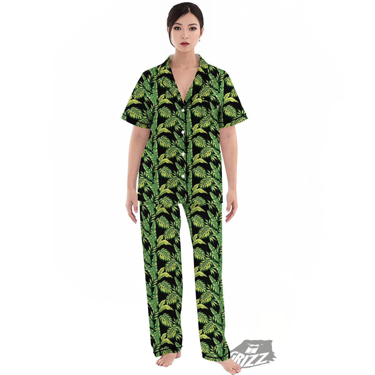 Exotic Leaves Tropical Print Pattern Women's Pajamas Set-grizzshop