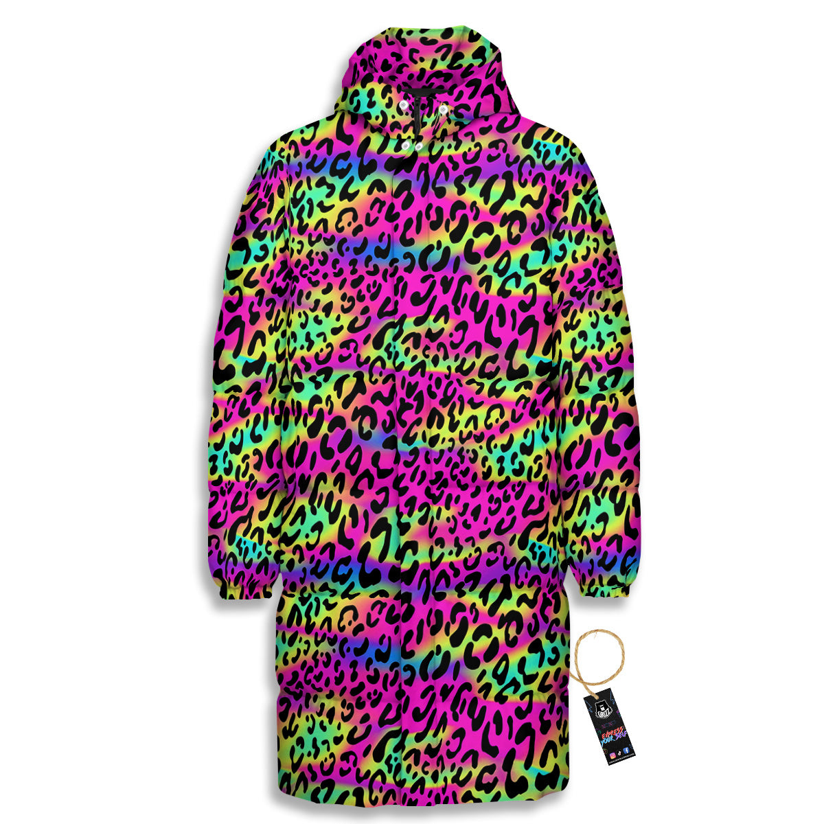 Exotic Neon Leopard Print Pattern Long Down Jacket-grizzshop