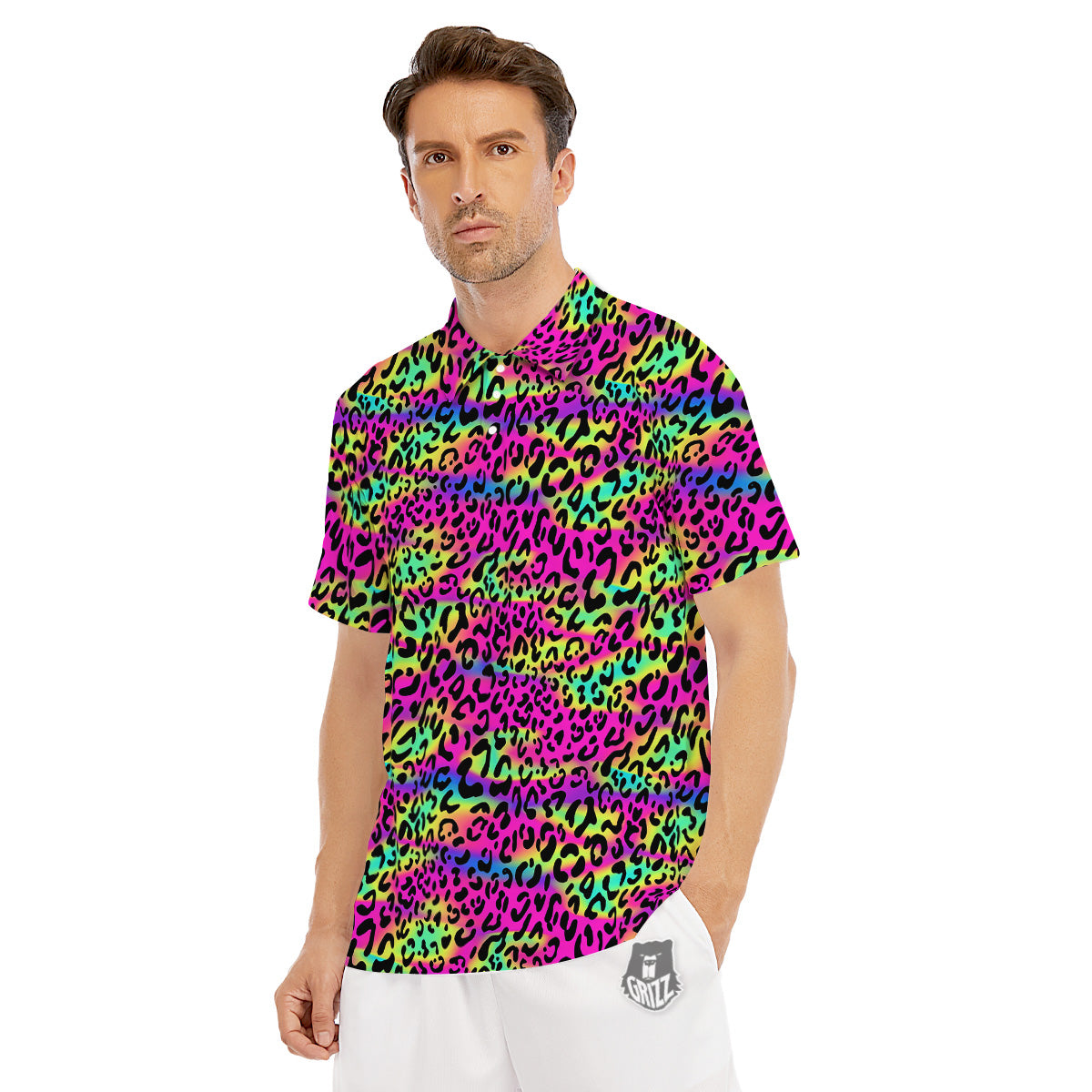 Exotic Neon Leopard Print Pattern Men's Golf Shirts-grizzshop