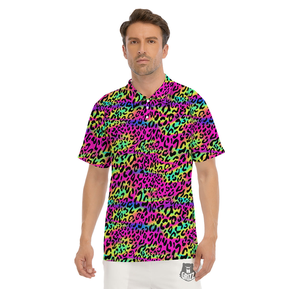 Exotic Neon Leopard Print Pattern Men's Golf Shirts-grizzshop