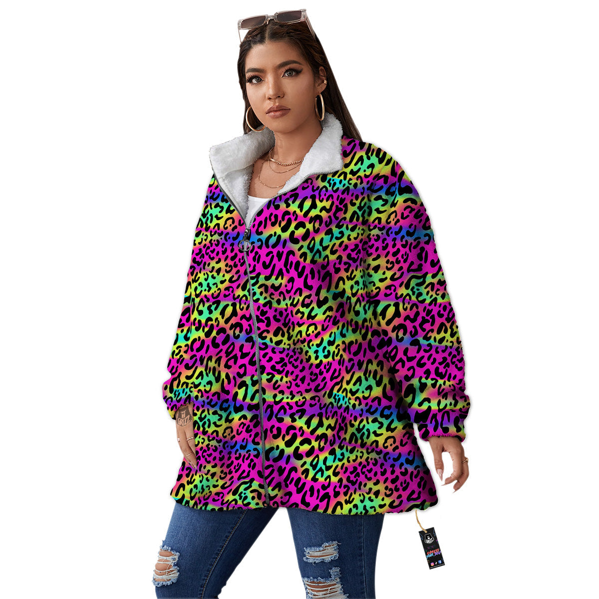 Exotic Neon Leopard Print Pattern Women's Sherpa Jacket-grizzshop