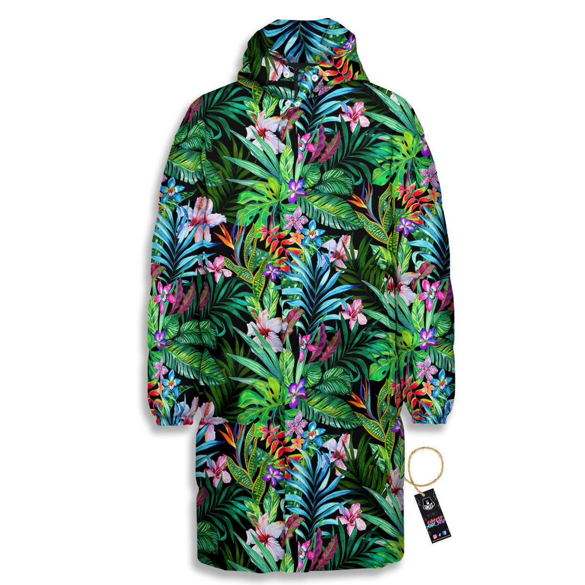 Exotic Hibiscus And Palm Print Pattern Long Down Jacket