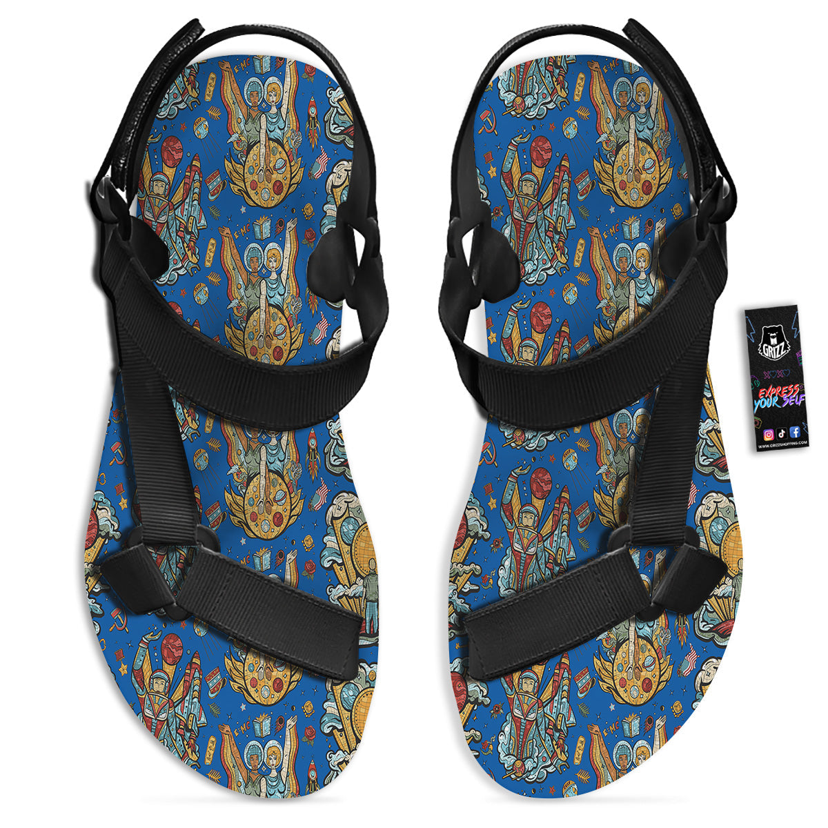 Exploration Of Mars Planet Print Pattern Black Open Toe Sandals-grizzshop