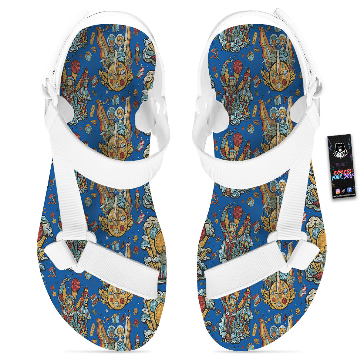 Exploration Of Mars Planet Print Pattern White Open Toe Sandals-grizzshop