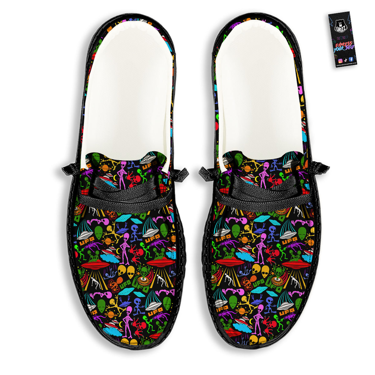 Extraterrestrial Aliens Colorful Print Pattern Black Loafers-grizzshop