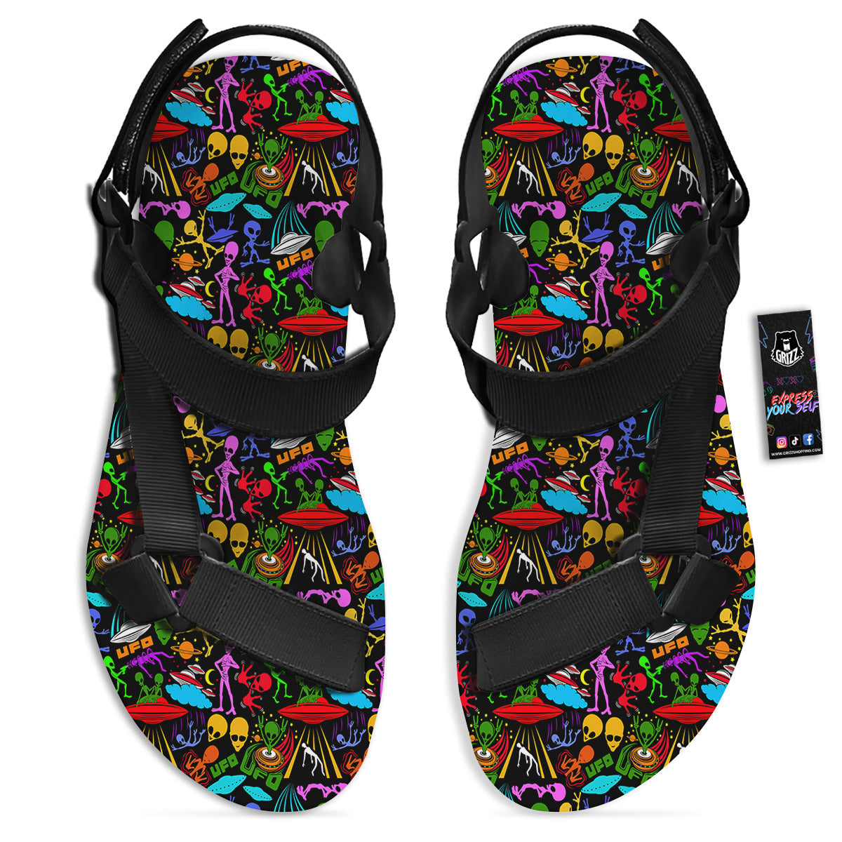 Extraterrestrial Aliens Colorful Print Pattern Black Open Toe Sandals-grizzshop