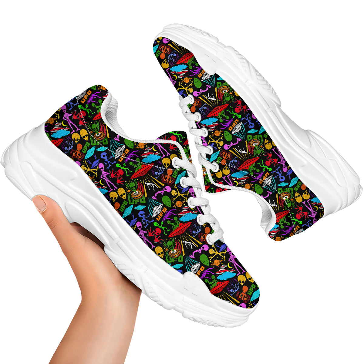 Extraterrestrial Aliens Colorful Print Pattern White Chunky Shoes-grizzshop