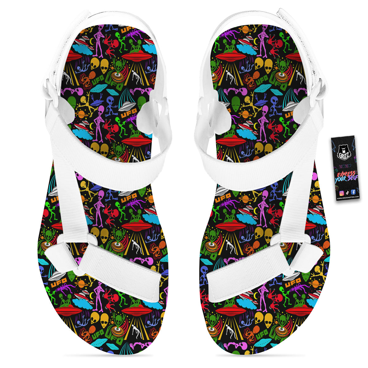 Extraterrestrial Aliens Colorful Print Pattern White Open Toe Sandals-grizzshop