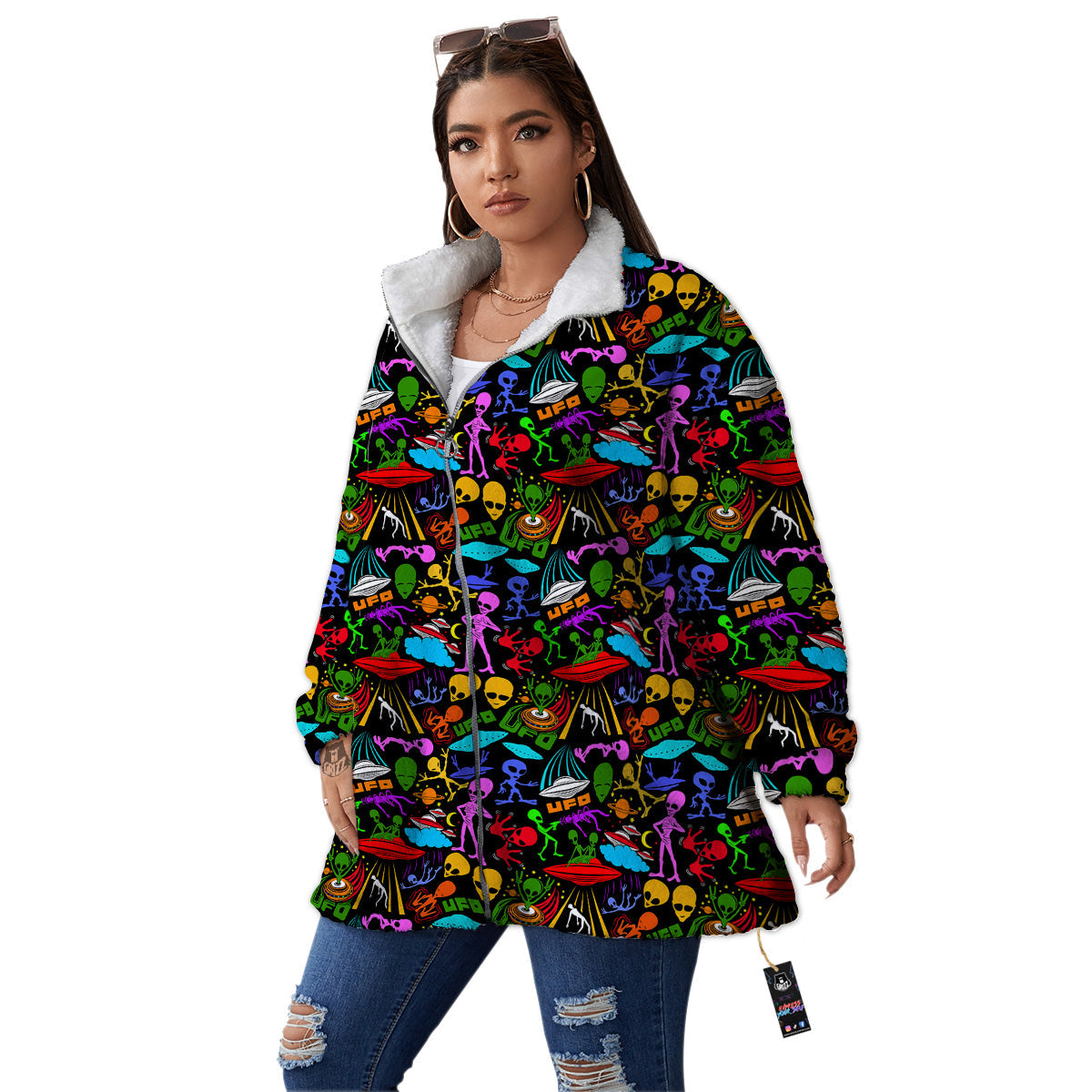 Extraterrestrial Aliens Colorful Print Pattern Women's Sherpa Jacket-grizzshop