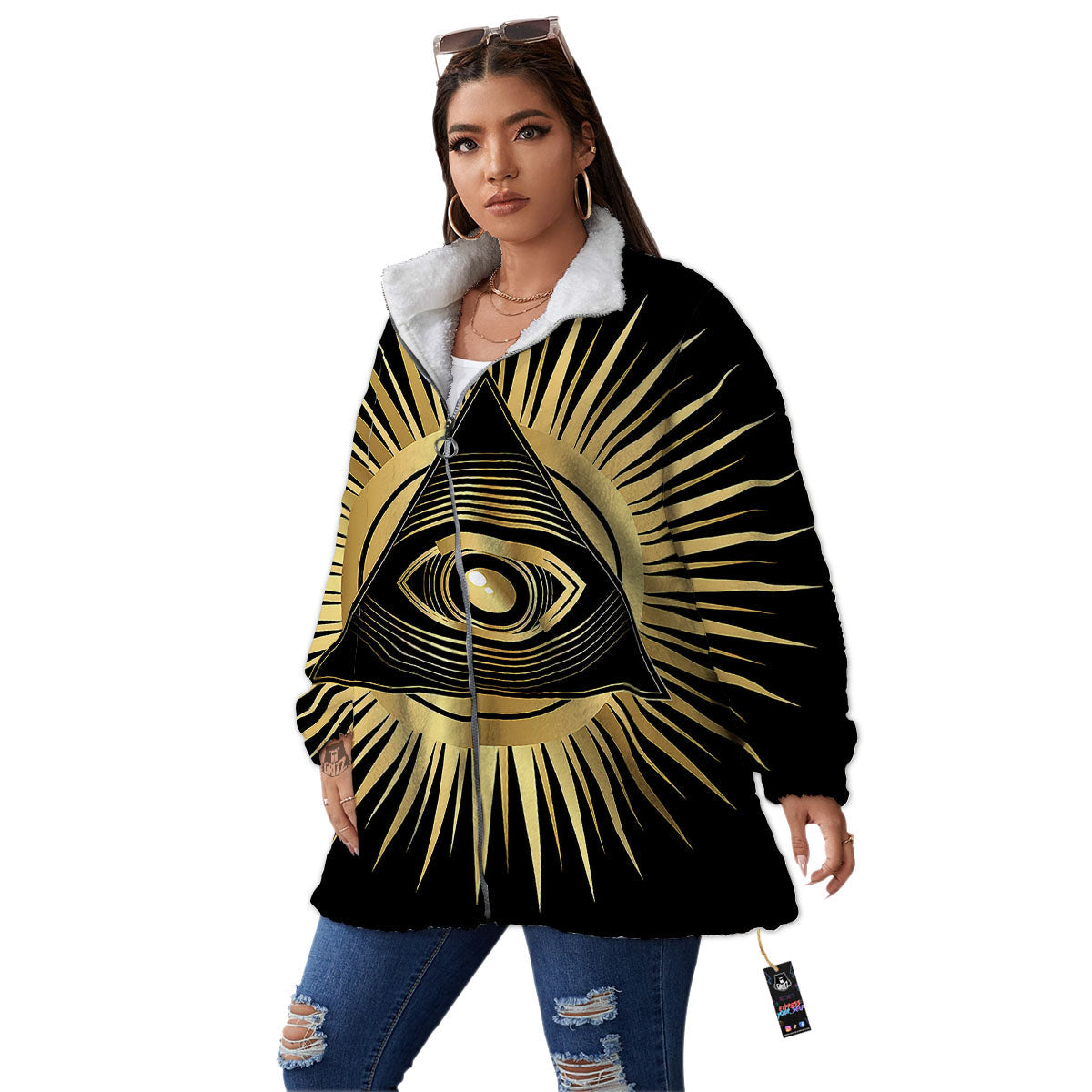 Eye Of Providence Symbol Illuminati Print Women's Sherpa Jacket-grizzshop