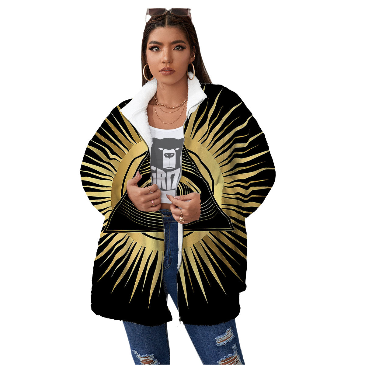 Eye Of Providence Symbol Illuminati Print Women's Sherpa Jacket-grizzshop