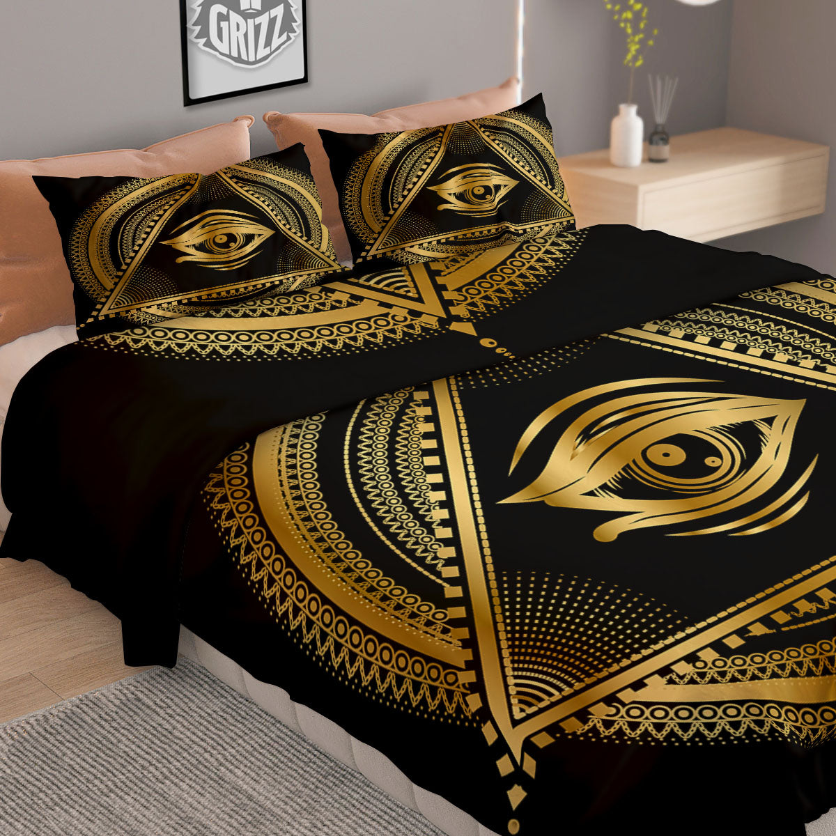 Eye of Providence Gold And Black Print Duvet Cover Bedding Set